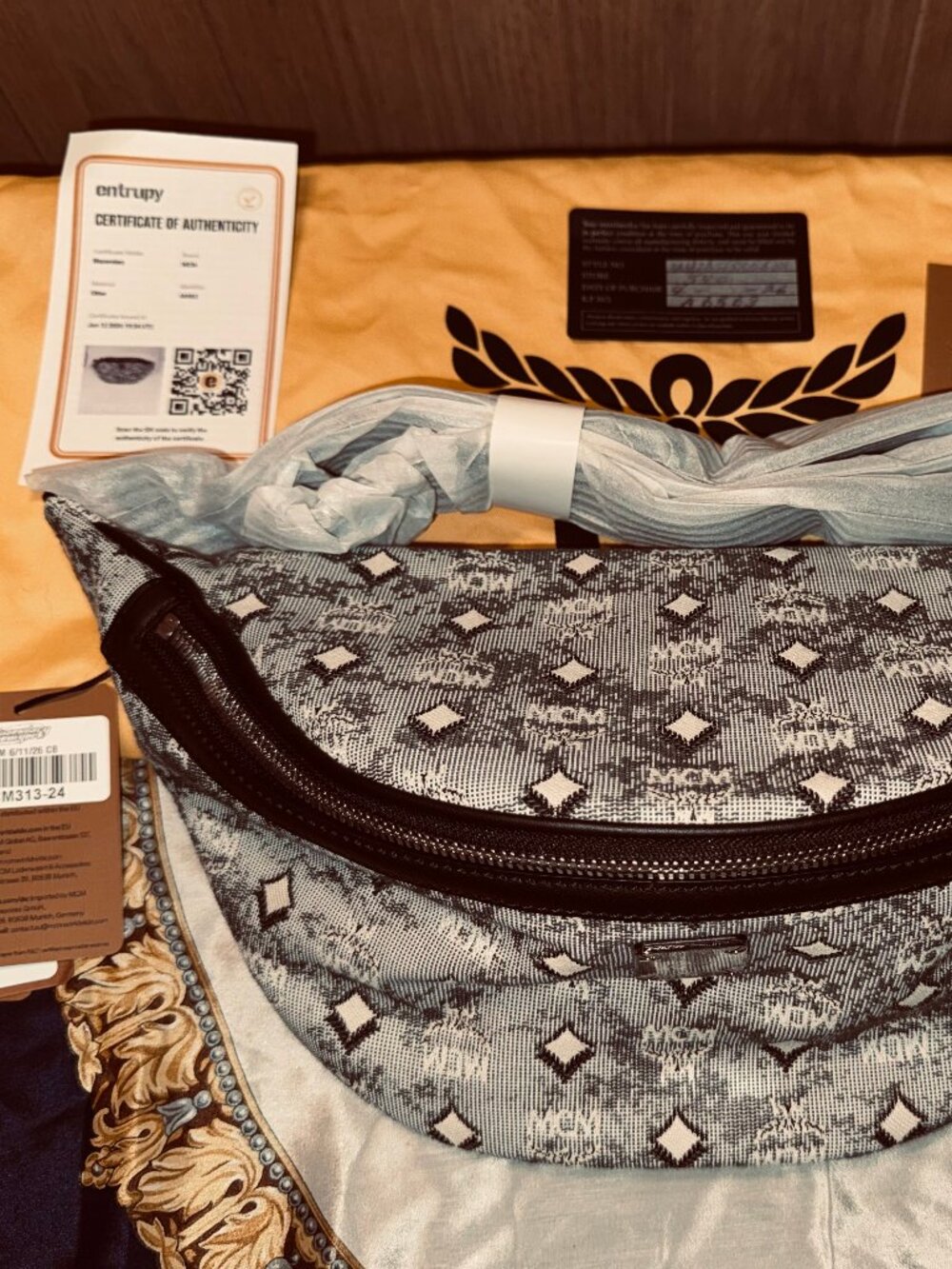 NWT MCM Fursten Belt Bag Lauretos Denim Grey Monogram FULL INCLUSION COA